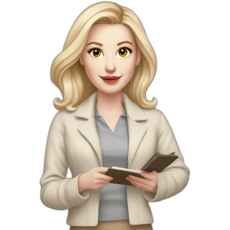 pale skin woman interior designer with cold blonde middle length hair, gray eyes, White oversize jacket, beige blouse, Gray skirt holding a color palette in the hands emoji