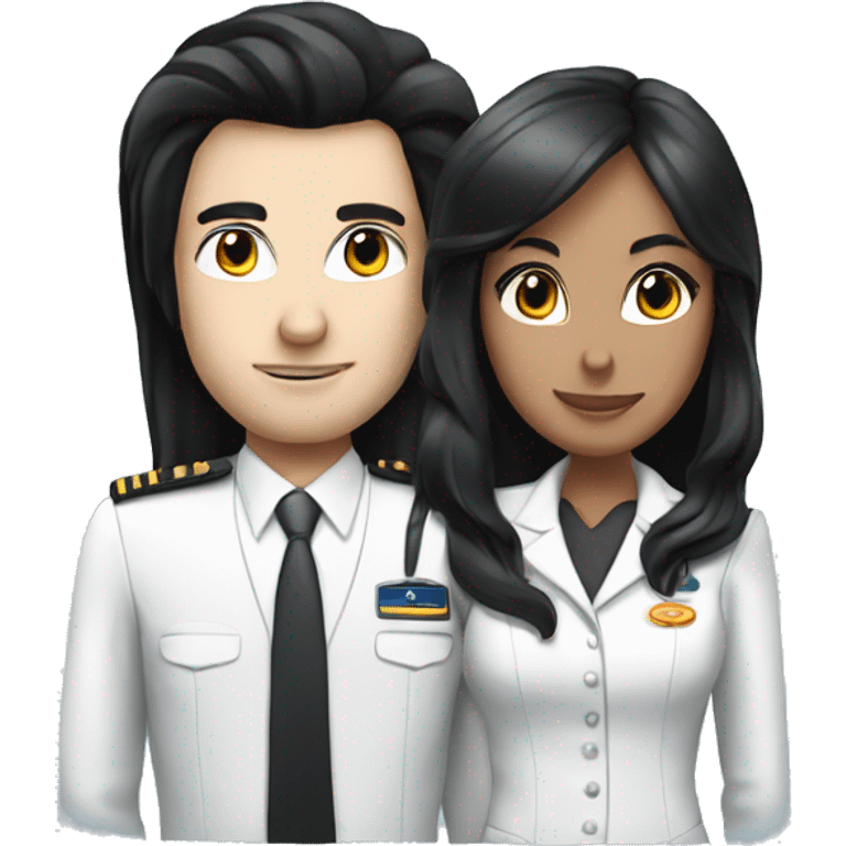 Flight attendant with long black hair and white skin with a pilot man with black hair emoji