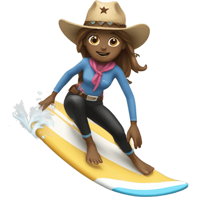 Girl surfing a wave wearing a cowboy hat emoji