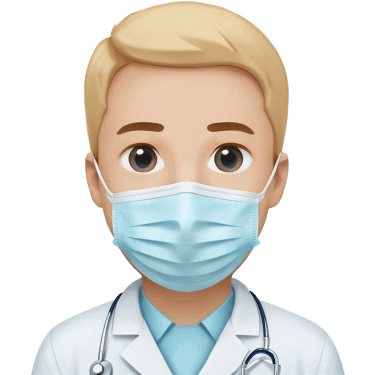 A minimalistic bust of a dentist wearing a white coat with a light blue shirt underneath. The figure has a simple white surgical mask covering the mouth and nose, with visible focused eyes. A small tooth icon is subtly placed on the coat instead of a red cross. The design is sleek and modern, with smooth lines and soft shading. The background features a minimal, abstract dental symbol such as a tooth outline or a small dental tool (mirror or scaler). No extra details, keeping a clean, professional, and minimalistic emoji style emoji