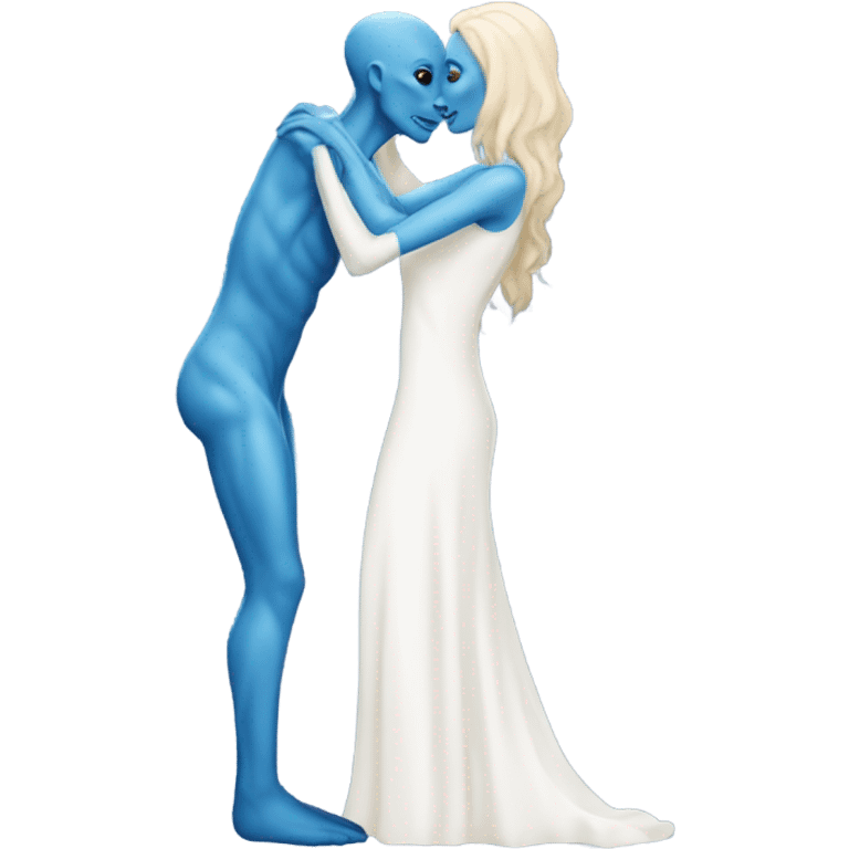 Alien reptilian woman in white dress hugs and kissing a normal "white male human man" in blue dress emoji