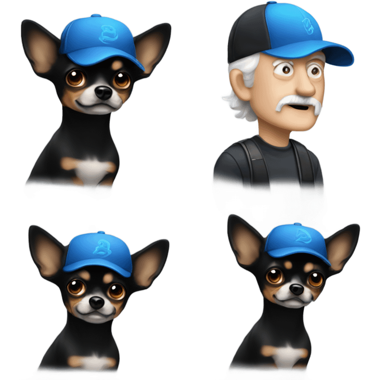 Old man with blue eyes goatee ball cap  and black long haired chihuahua emoji