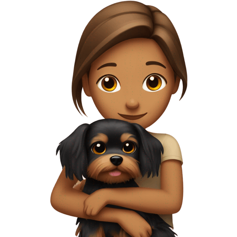 Tan girl brown straight hair hugging a yorkshire terrier dog emoji