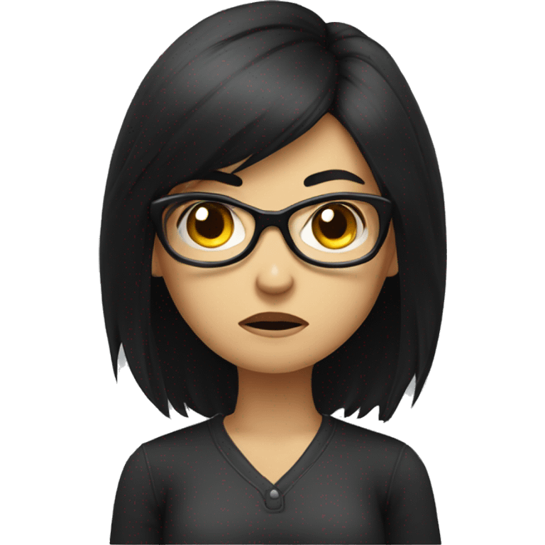 Angry scowling girl, long black hair, wearing glasses, with arms crossed over chest. emoji