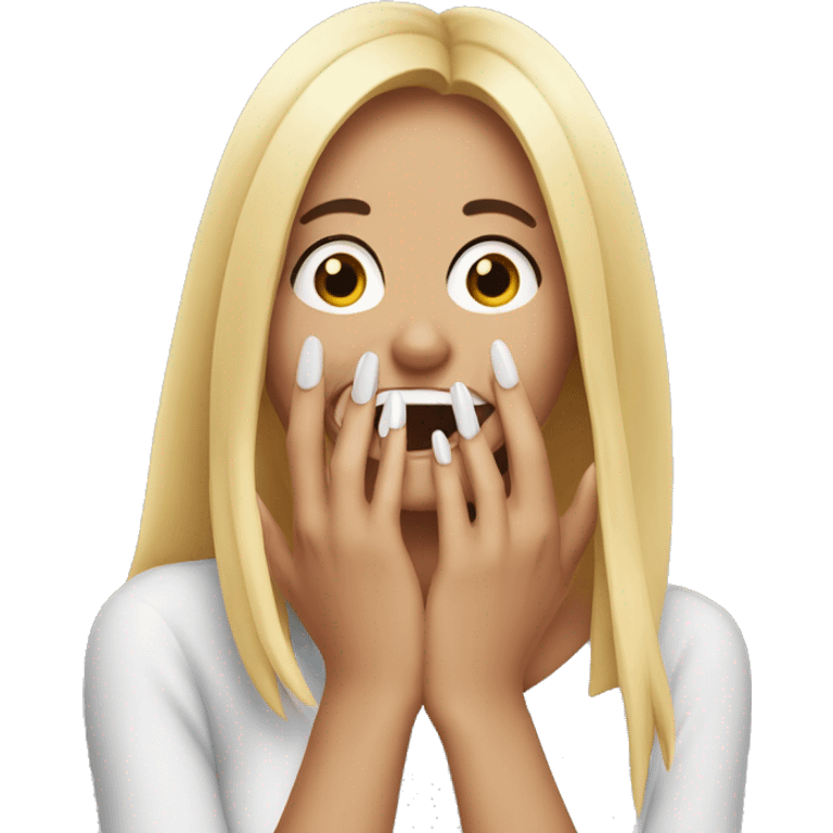 Girl laughing with long nails hand covers her mouth to hide laugh emoji