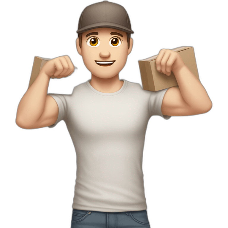 Pale skinned fit Man with dark brown hair in a light gray cap, dark brown jeans, brown polo and white T-shirt keeping a pasted with tape white box into his hands emoji