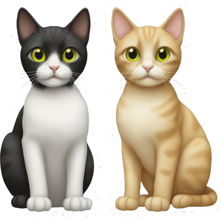 two cats. the first is beige with yellow eyes, the second is black with light green eyes emoji