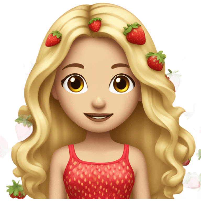 a beautiful girl, long blonde hair with strawberry in her hair, white skin, strawberry dress emoji