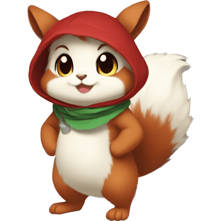 Cute, Chibi, chubby, fluffy, Kemono-style, Anthro, Fur-Sona, Dark-Red, Squirrel-Rabbit-hybrid-Fakémon, with a green bandana, full body emoji