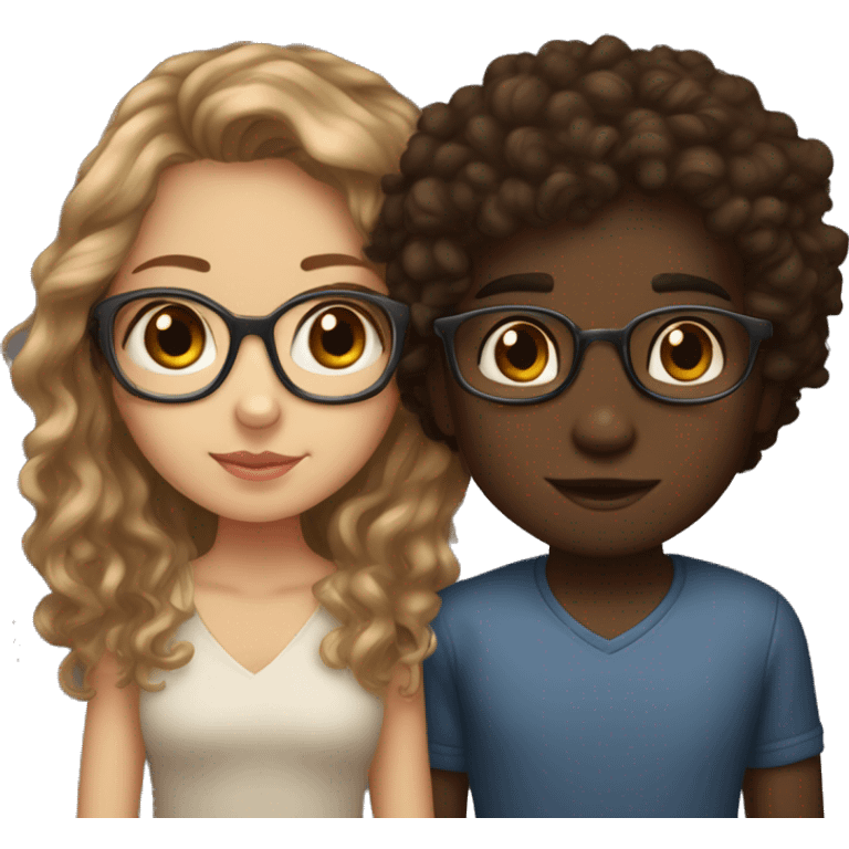 A light skinned girl with brown eyes, long light brown hair and glasses who is KISSING ON LIPS a dark skinned boy with brown eyes and curly hair emoji