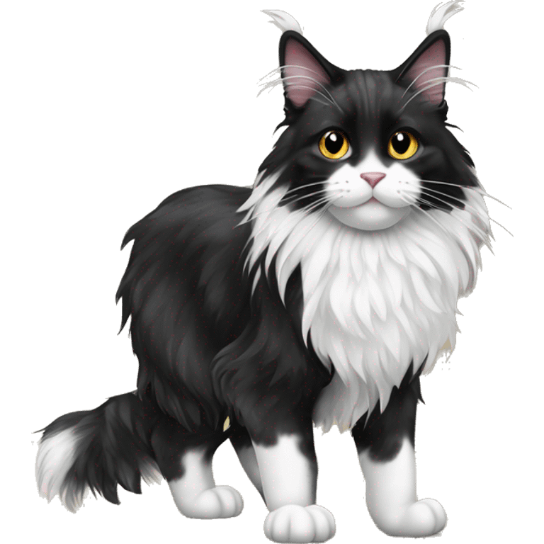 A black and white Maine Coon cat stands on the floor emoji