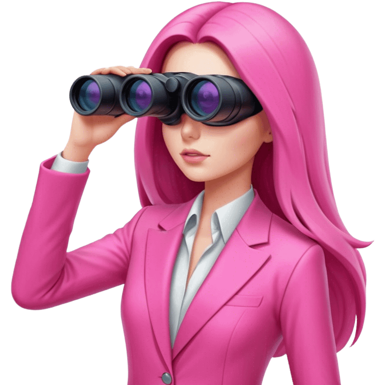 futuristic-looking woman with long hair in an intensive color pink suit looking through binocular, viewed from an angled perspective. emoji