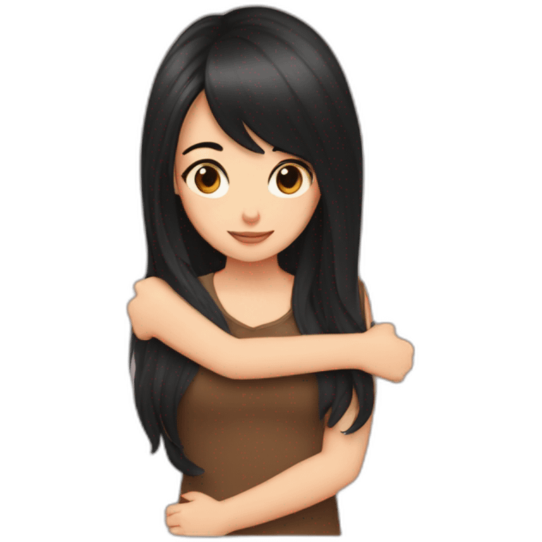 one girl with long brown hair hugging a shorter girl with medium black hair emoji