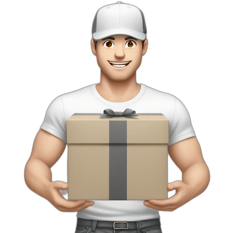 Pale skinned fit Man with dark brown hair in a white cap, gray jeans and dark gray polo T-shirt keeping a pasted with tape white box into his hands emoji