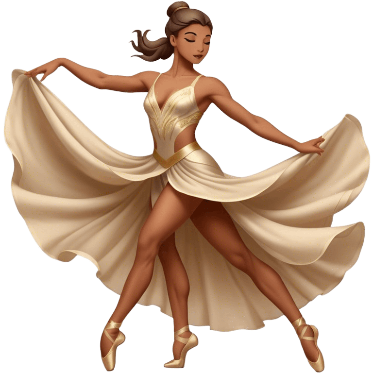 Cinematic Realistic Dance Poses, an elegant dancer mid-motion, muscles tensed with control, soft fabric of their attire flowing with movement, dramatic lighting highlighting the graceful lines, glowing with passion and poise. emoji