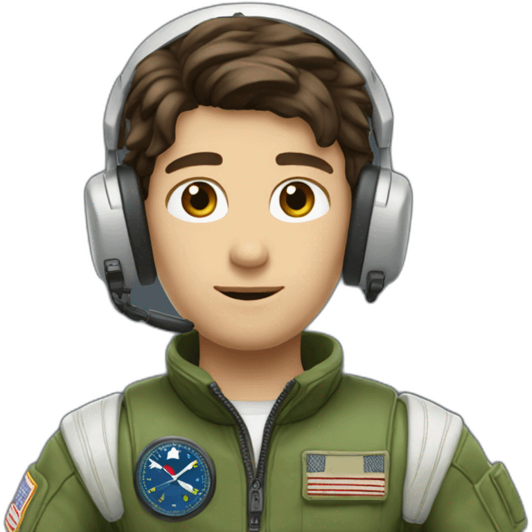 A young white male tennager with dark brown hair and brown eyes in a pilot suit and wearing a green Pilot headset emoji