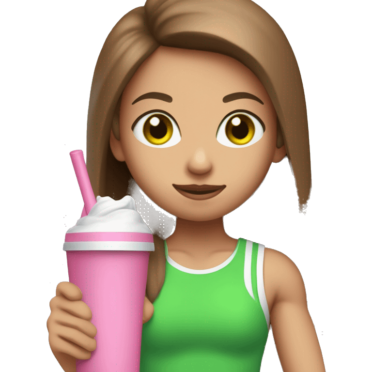 a girl with brown long straightened hair and with Green eyes with pink leggings and pink sports top with a protein shake in her hand emoji