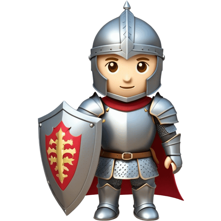 Clash of Clans aesthetic: Cinematic Playful Armored Knight Hero Emoji, rendered in a 3D vector-style similar to standard emojis with minimal shading and bold, simplified shapes. A compact, isometric warrior clad in gleaming plate armor with intricate heraldic details, softly glowing with a chivalrous medieval charm. Simplified yet unmistakably iconic, highly detailed and consistent, glowing with a soft radiant shine and high polish. Stylized with a touch of noble valor and a soft glowing outline, capturing the essence of a gallant knight ready for honorable battle with a friendly, playful manner! emoji