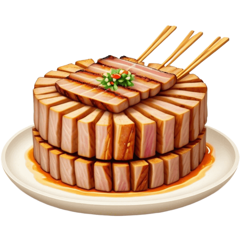 Cinematic Realistic Samgyeopsal Dish Emoji, depicted with sizzling, thick slices of pork belly grilled to perfection rendered with rich textures and warm, inviting lighting. emoji