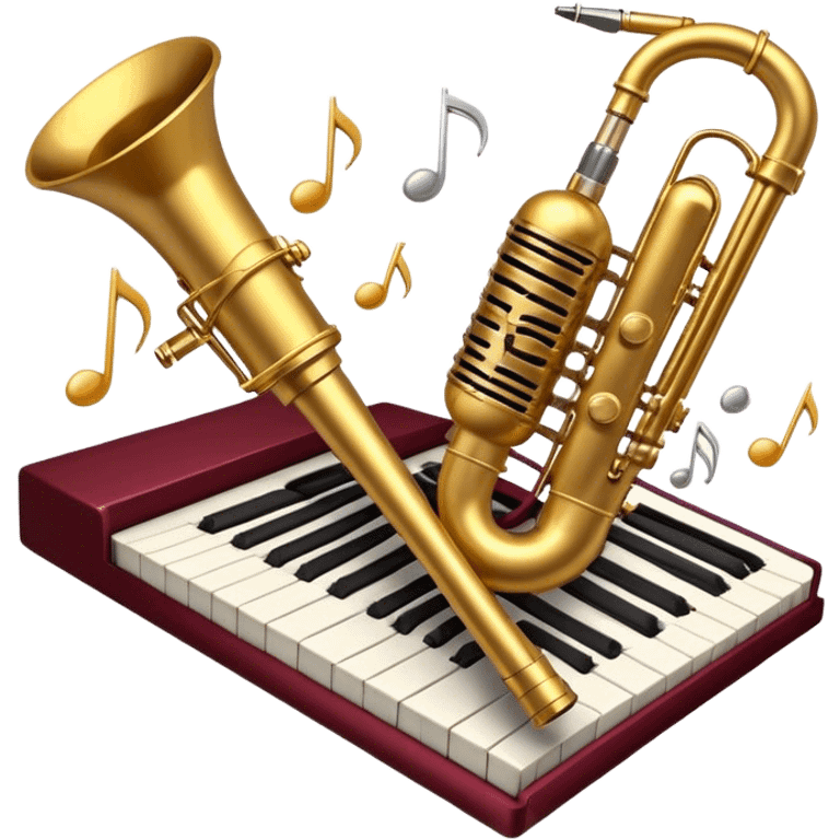 Create a vibrant emoji representing jazz vocal performance. The design should feature a vintage microphone, with musical notes swirling around it, symbolizing the improvisational and expressive nature of jazz singing. Add subtle elements like a jazz trumpet and saxophone in the background to represent the ensemble often accompanying jazz vocals. Include a set of piano keys or a grand piano in the design to reflect the jazz club atmosphere. Use warm, rich colors like deep gold, black, burgundy, and silver to create a soulful and elegant vibe. The background should be transparent. emoji