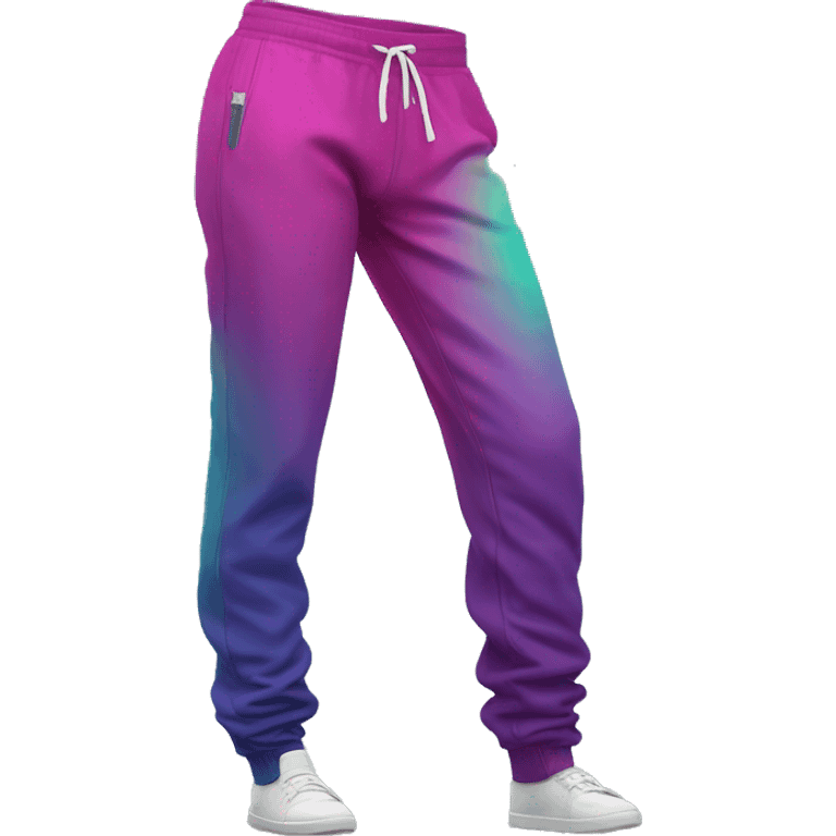 Hyper Realistic isolated side view of a pair of magenta,purple,mint green,and teal ombre jogger pants. emoji