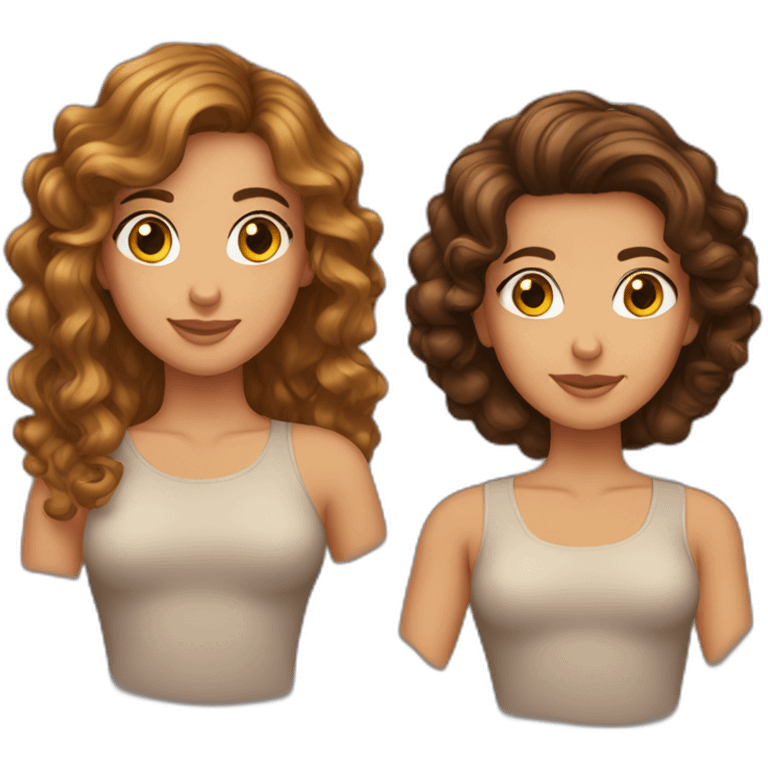 Four girls emoji, tanned skin, brown hair. Short hair, long hair, curly hair and voluminous hair emoji