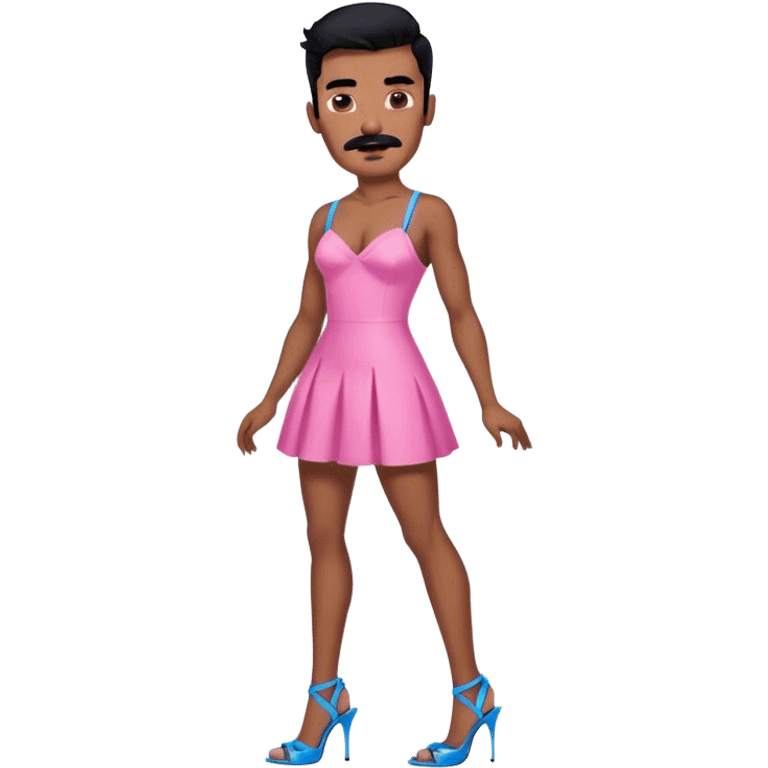 Man in a pink mini dress and blue strappy high heels with black hair and black mustache and brown skin emoji