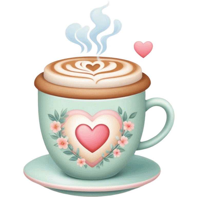 A cute coffee cup that emits warm steam, soft pastel colors, delicate floral patterns, heart-shaped - cozy and inviting! emoji