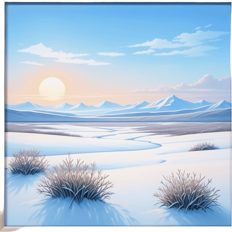 Cinematic Realistic Tundra Emoji in a wooden frame, Vast and cold, with wide expanses of snow-covered ground, sparse grasses poking through, and the occasional hardy shrub breaking up the pale white landscape. The sky above is a pale, frosty blue, and the light reflects off the snow, creating a serene yet starkly beautiful environment. Soft glowing outline, capturing the essence of a quiet, still, frozen wilderness where life endures despite the harsh conditions. emoji