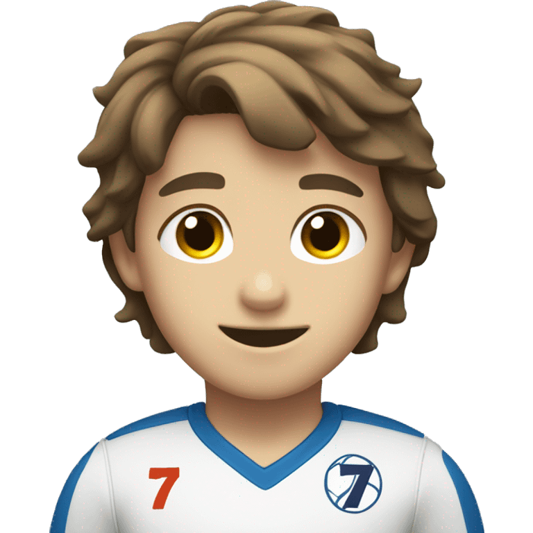 boy with brown hair wearing a uniform with the number 7 volleyball emoji