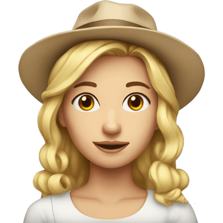 Young woman, blonde, with hair up and hat emoji