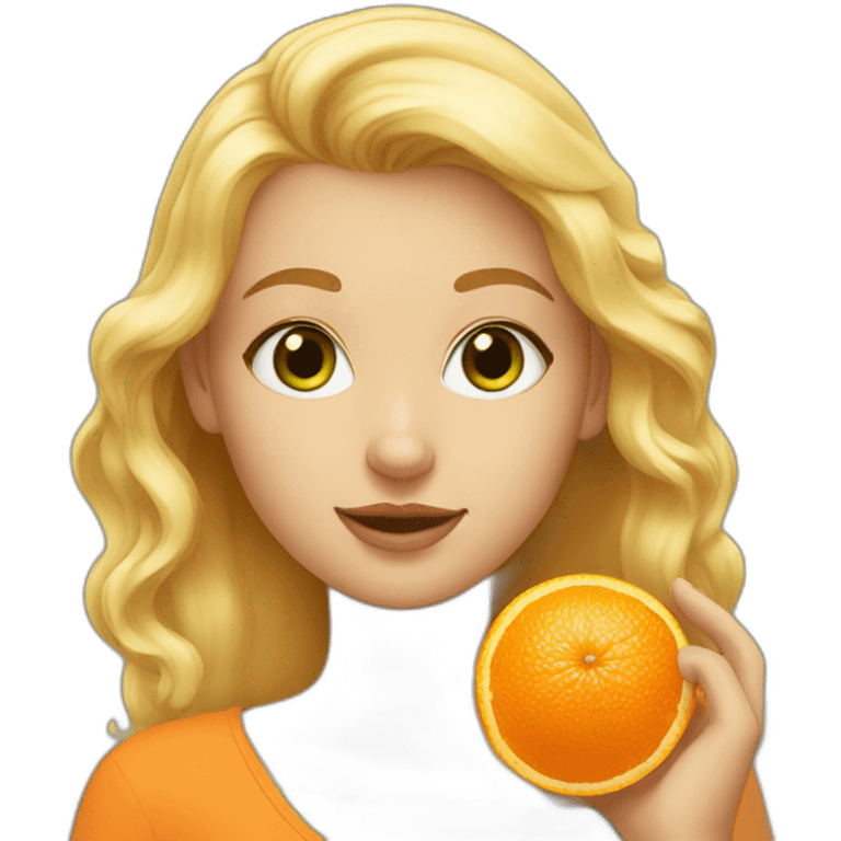 Blonde girl with green eyes holding orange spitz emoji