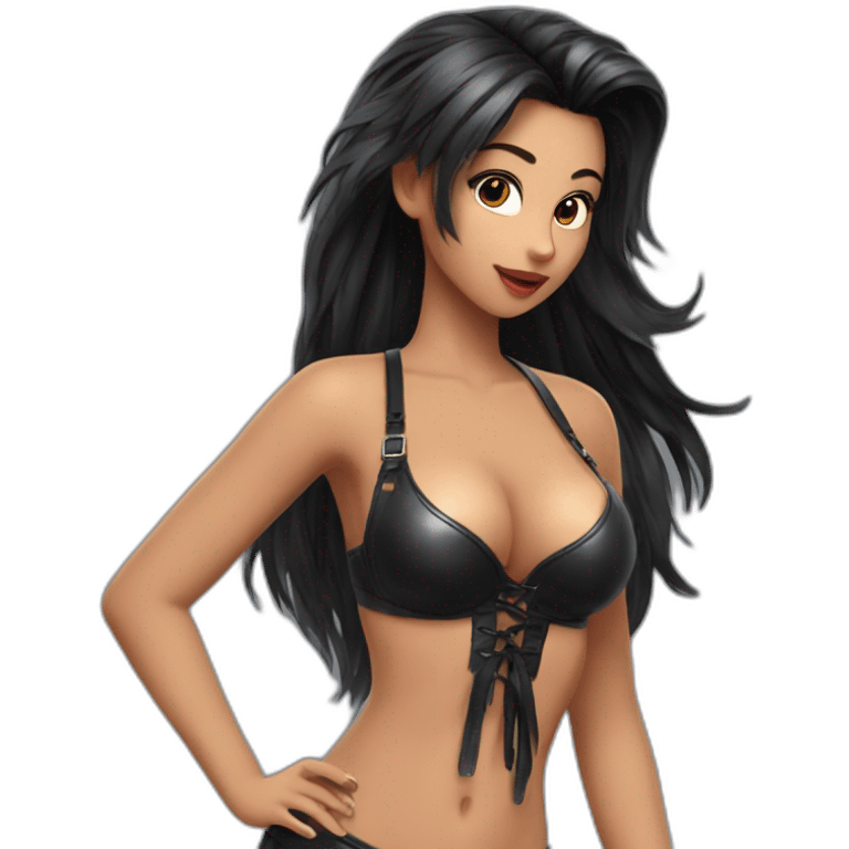 sexy; leather bra; seductive girl; black long poney tail hair; emoji