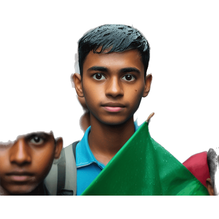 A 20-year-old boy stands on the streets of Dhaka city in the rain with a Bangladeshi flag in his hand. Behind hundreds of students are standing with the flag of Bangladesh emoji