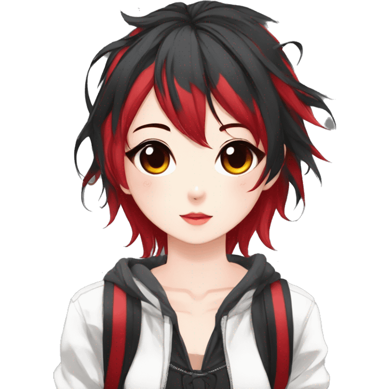 Gorgeous anime style shojo character with blushing face aesthetic and pretty edgy black red punk hair with hair garment trending style emoji