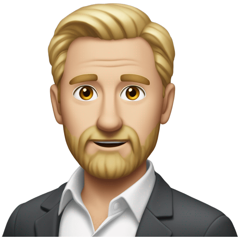 middle aged english man, short slicked back hair blonde, blonde medium length size full beard, eyesbrows not raised, in a smart white unbuttoned shirt. emoji