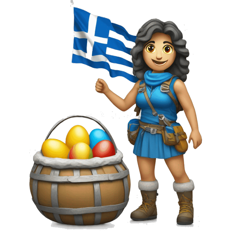 Greek Female mountaineer on mount everest with greek flag and easter eggs basket emoji