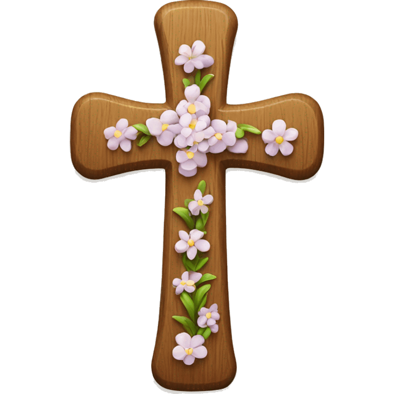 Wooden Christian cross with small flowers on it emoji