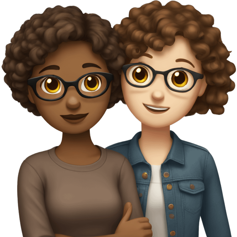 white girl with glasses brown hair and bangs hugging brown girl with curly dark brown hair emoji