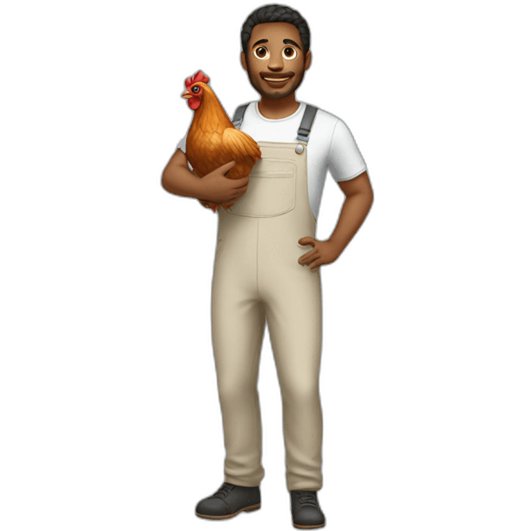 Man in a jumpsuit holding a chicken emoji