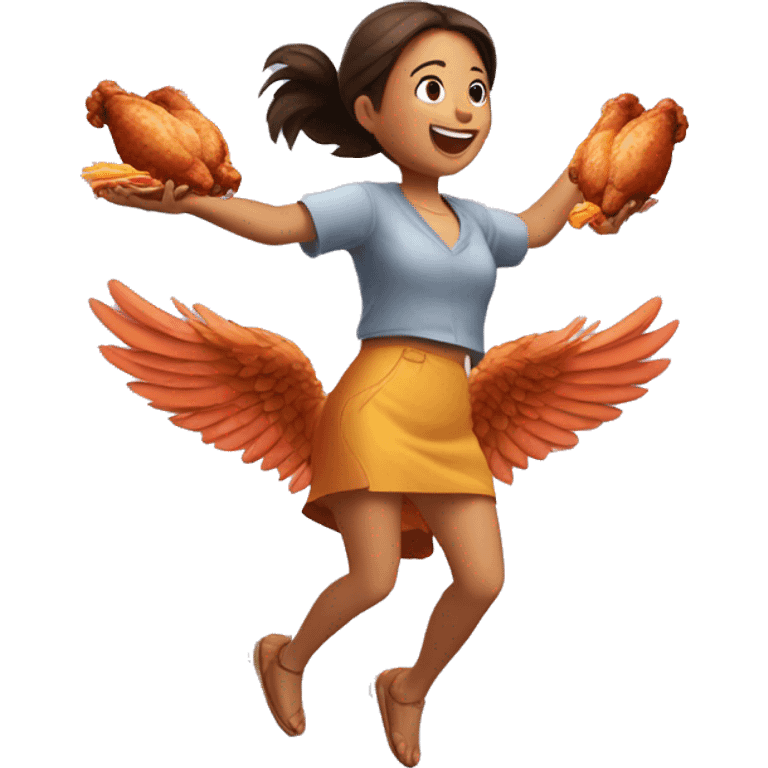 a girl flying with two delicious bbq chicken wings on her back emoji