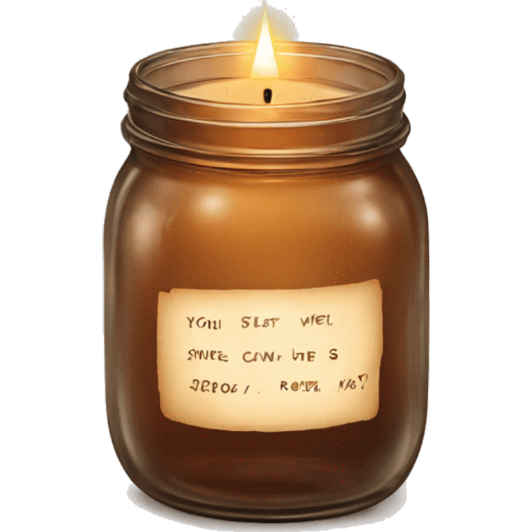 Brown glass mason jar with writing on a label and a candle burning emoji