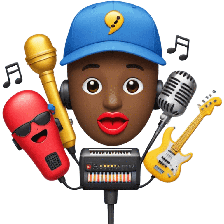 Create a vibrant and creative emoji that represents beatboxing. The design should feature a microphone with a cap placed on top, with oversized lips peeking out from under the cap. From the lips, bass clefs should be flying out, along with a variety of musical instruments (like a drum, electric guitar, and piano keys) to symbolize the blend of rhythm and creativity in beatboxing. Use bold, energetic colors like neon red, yellow, and blue to capture the lively and street-savvy essence of beatboxing. The background should be transparent. emoji