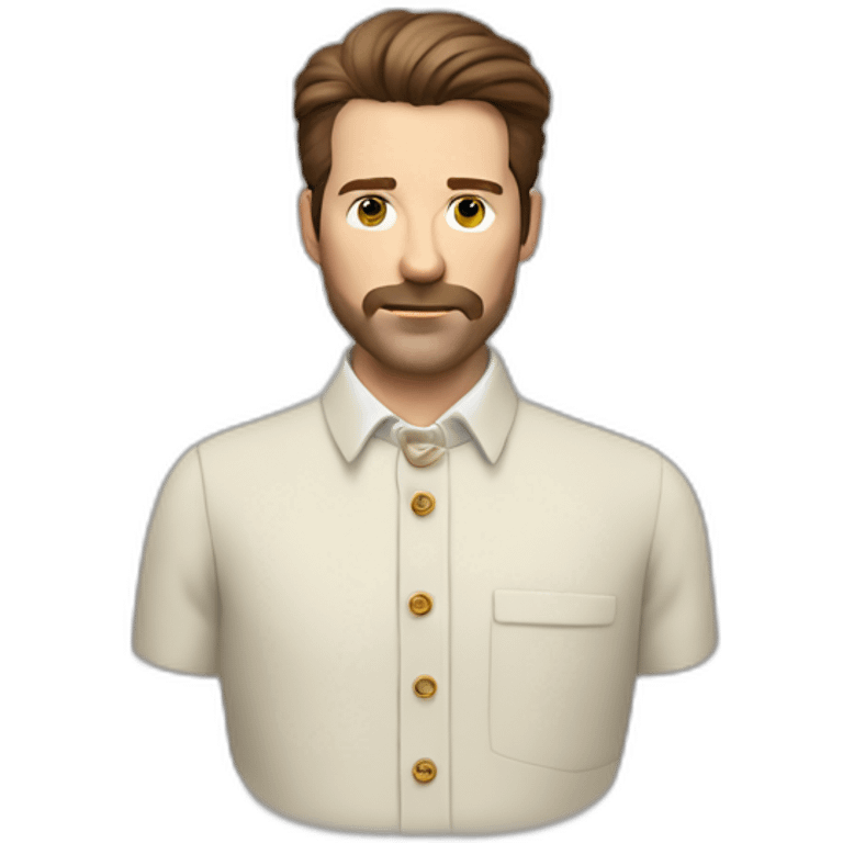 wes anderson character of a 40-year old man with short quiff and beard brown hair with a bit of grey, white oxford collar shirt all buttoned up (no tie) emoji