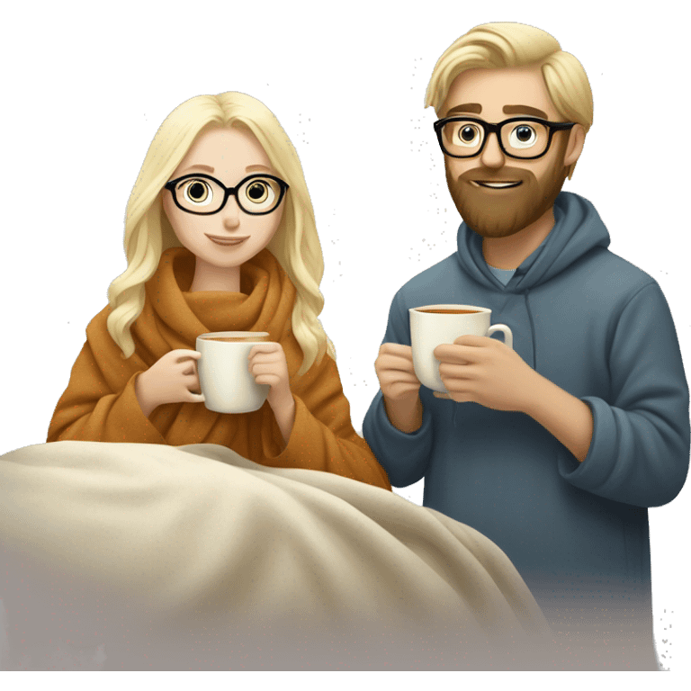 Pale blonde girl wearing glasses drinking tea under blanket with bearded brunette man emoji