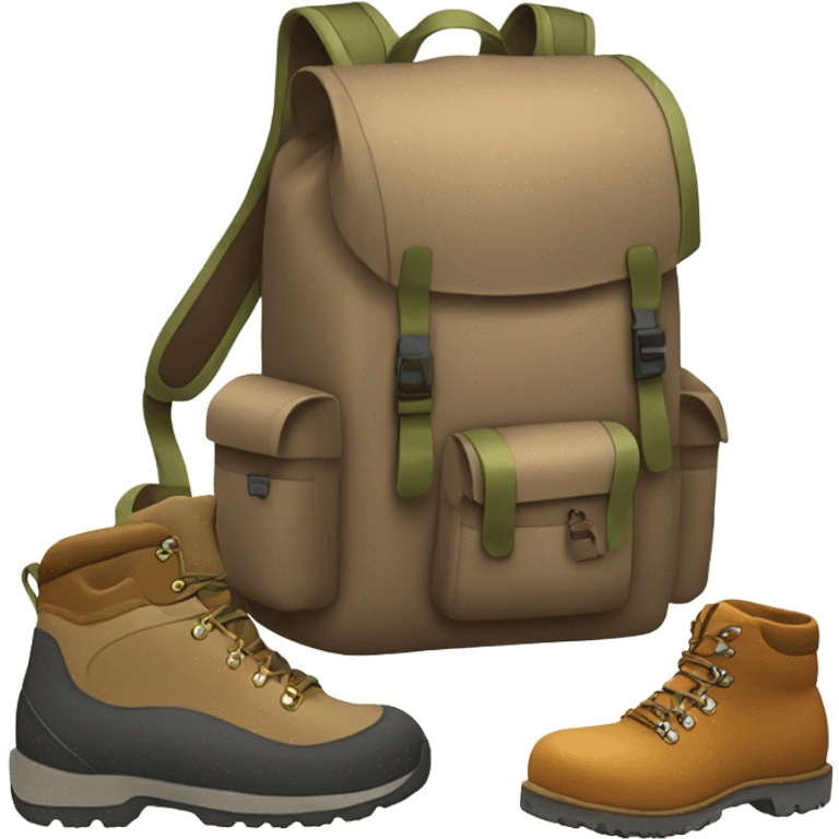 A backpack and boots on a trail with a mountain in the background. emoji