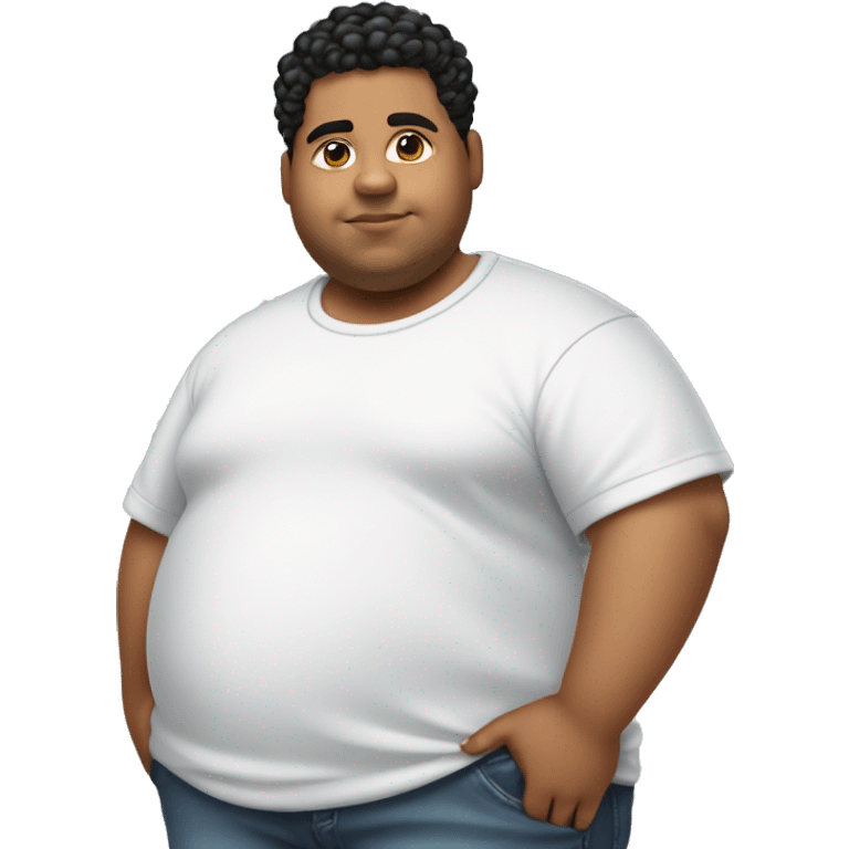 Full body young Hispanic boy that is extremely short and extremely fat with a low taper fade with curly hair and is wearing a t shirt and white air forces  emoji