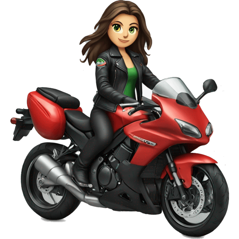 Brunette Girl with Green eyes, Long hair, wearing a black leather jacket is riding a red Kawasaki Sport motorbike emoji