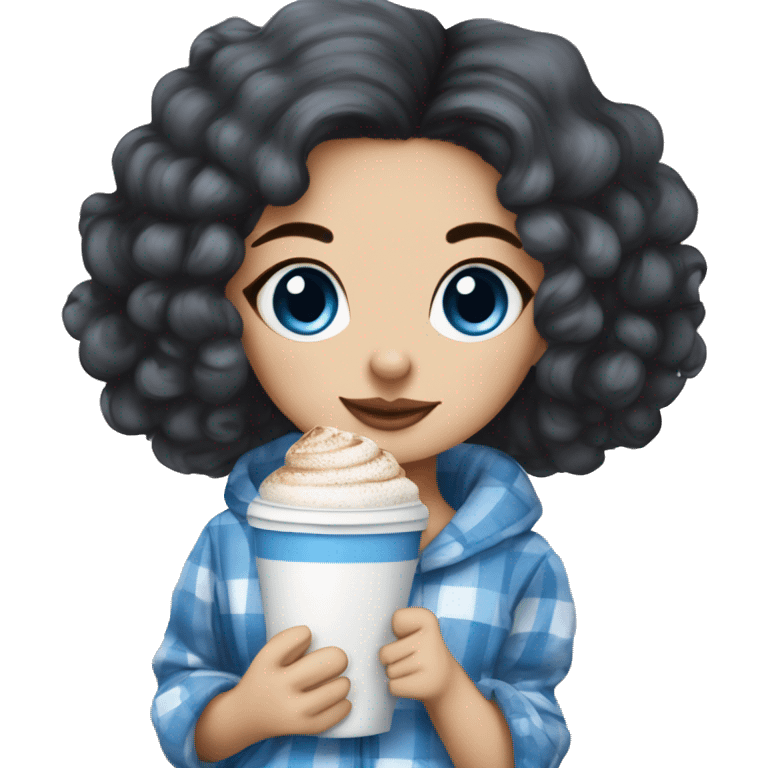 very beautiful girl with blue eyes dark hair in blue checked pajama with maltipoo and cappucino  emoji