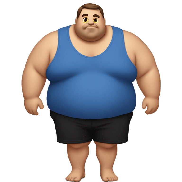 fat man showing his belly, blue pulled up shirt and black shorts emoji